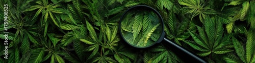 Cannabis Research: Magnifying glass over fresh marijuana leaves in dark greenery