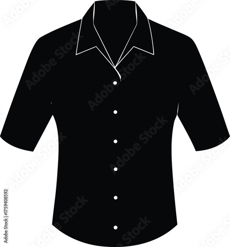  shirt silhouette icon. Classic black short sleeve button down shirt with detailed collar and silver buttons