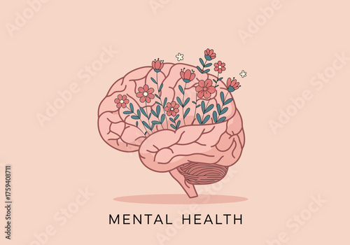 Mindful Growth Brain with Flowers, Symbolizing Wellness