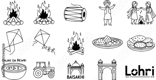 Lohri and Baisakhi festival icons set. Traditional Indian harvest celebration symbols: bonfire, dhol, folk dancers, kites, Gajak, tractor, temples. Line art vector.