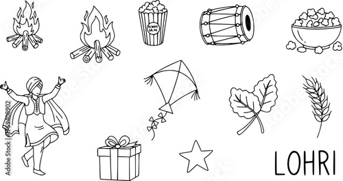 Hand-drawn Lohri festival doodle set: bonfire, Bhangra dancer, Dhol drum, popcorn, gajak, wheat, mustard leaves, kite, and gift. Traditional Punjabi winter harvest celebration.