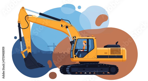 Yellow excavator with operator at a construction site Industrial work heavy equipment and civil engineering