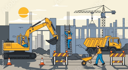 Construction site bustling with workers and heavy machinery symbolizing progress and urban development