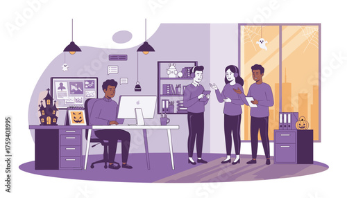 Office workers collaborating amidst Halloween decor blending work and festive spirit