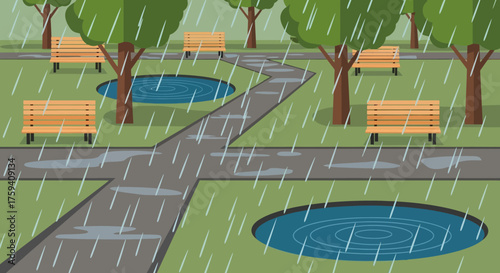 Rainy Park Scene with Benches and Puddles Illustration.