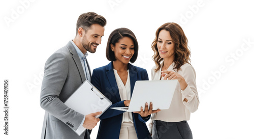 Business team working together with a laptop isolated on white