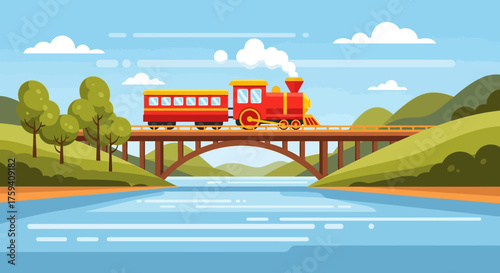 Red Train Crossing Bridge Over Water in Scenic Landscape.