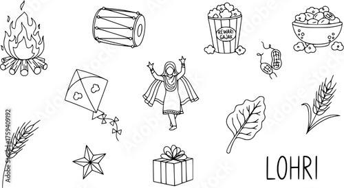 Lohri Festival Elements Doodle Illustration Set. Traditional Indian Punjabi Winter Harvest Celebration with Bonfire, Dance, Food, and Snacks.