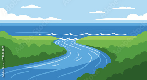 Scenic River Flowing into the Ocean with Lush Green Banks.