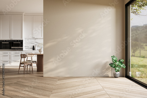 Modern interior design of apartment, dining room with table and chairs, empty living room with beige wall, panorama.3d render