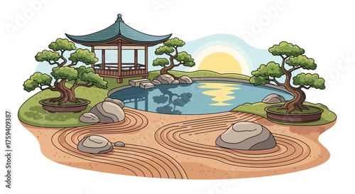 Serene Japanese Garden with Pagoda, Pond, and Bonsai Trees.