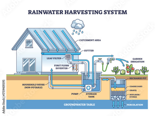 Rainwater harvesting system diagram shows roof catchment, storage tank, and recharge pit directing water to irrigation and household reuse. Outline diagram