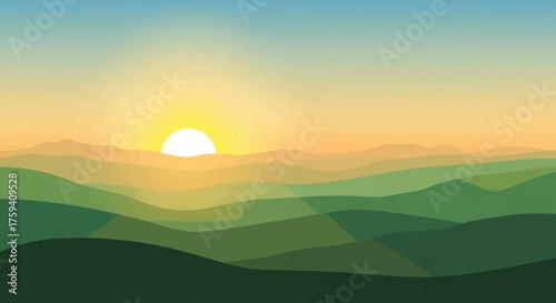 Serene Landscape with Rolling Hills and a Radiant Sunrise.