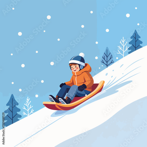 A happy child sledding downhill on a snowy hill. Winter outdoor activity and holiday fun concept. Flat cartoon graphic