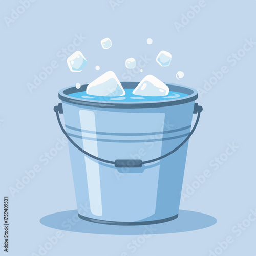 A metal bucket filled with cold water and ice cubes. Flat design graphic for cooling, refreshment, or challenge concepts.