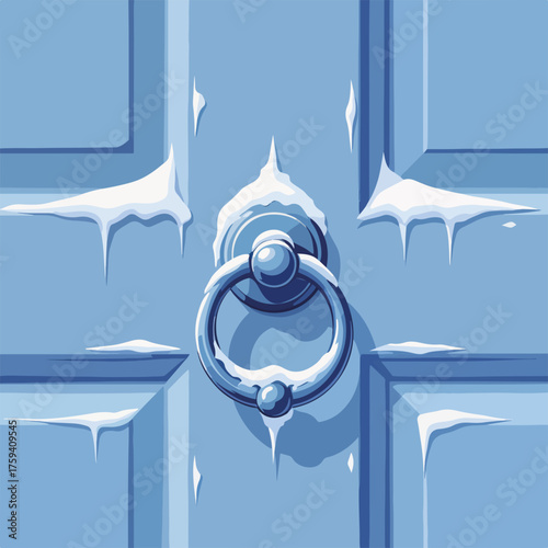 A frosted door knocker covered in snow and ice. Winter season flat design graphic. Cold weather concept with a frozen entrance