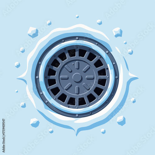 Frozen manhole cover in the snow. Top-down view of a round industrial hatch surrounded by ice. Flat design graphic for winter themes