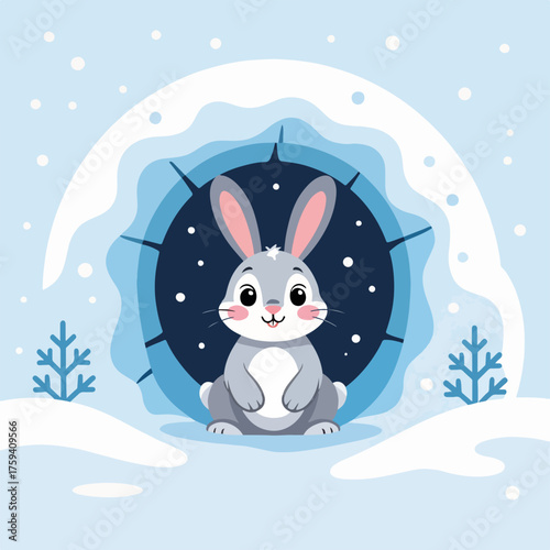 A cartoon rabbit character in a snow burrow. Winter animal flat design graphic. Cute bunny sitting in a den during a snowfall