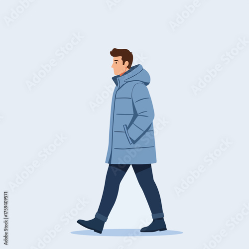 Man walking in a winter down coat. Flat design vector illustration. Isolated character for cold weather concepts
