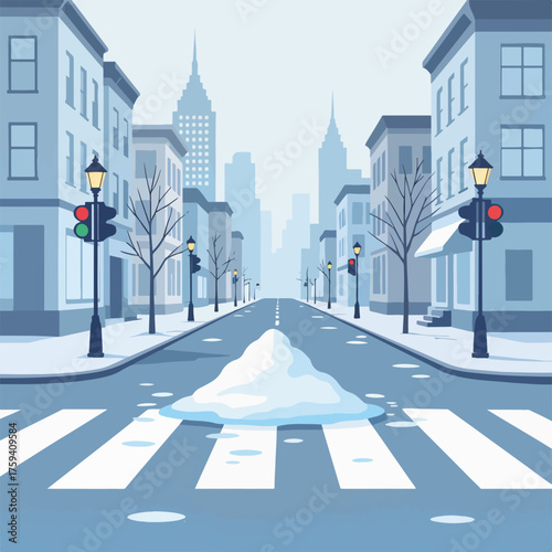 Winter city street with a pile of slush on the crosswalk. Cold urban landscape with snowy buildings. Flat design graphic