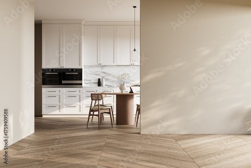 Modern interior design of apartment, dining room with table and chairs, empty living room with beige wall, panorama.3d render