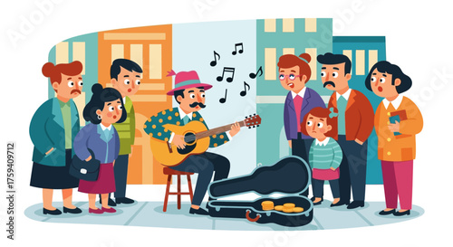 Street Musician Performing for an Audience on the Sidewalk.