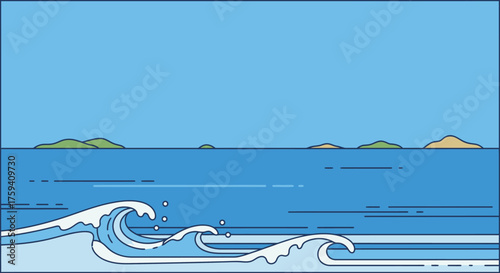 Stylized Ocean Waves with Distant Islands Illustration.