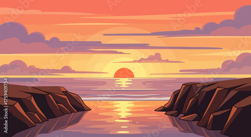 Sunset Over Calm Ocean Waters Between Rocky Cliffs.