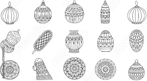 Hand-drawn set of black and white decorated objects, including vases, ornaments, mandalas, and folk art inspired elements for coloring or design.