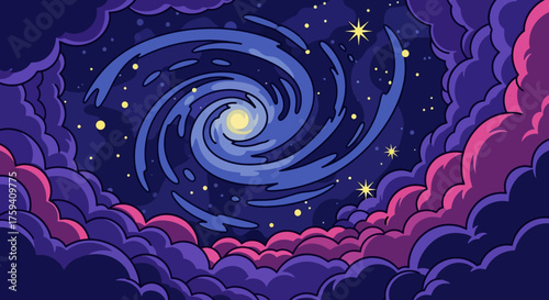 Swirling Galaxy Amidst Cosmic Clouds and Distant Stars.