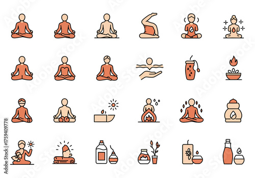 Yoga Meditation and Spa Therapy Color Line Icon Set