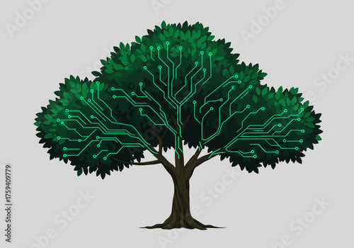 Digital tree with circuit board leaves, technology nature fusion