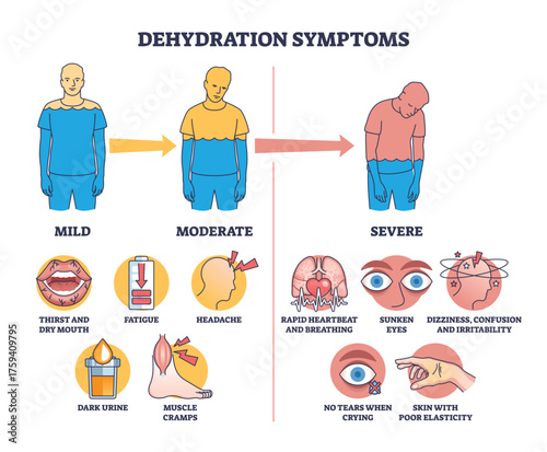 Dehydration symptoms brief diagram showing progression from mild to moderate to severe with human figures, arrows, and symptom icons for quick health reference. Outline diagram