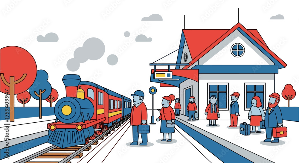 Fototapeta premium Train Station Scene with Passengers and a Colorful Train.