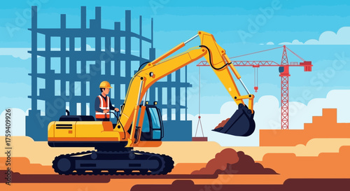 Construction worker operating excavator at building site with crane Industry development hard work