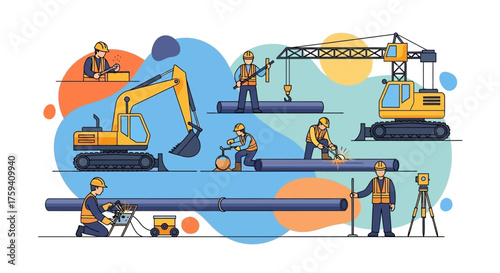 Construction workers operate heavy machinery and perform tasks like welding pipes Industry concept