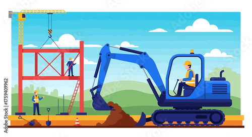 Construction site with workers crane lifting steel and excavator digging Building development concept