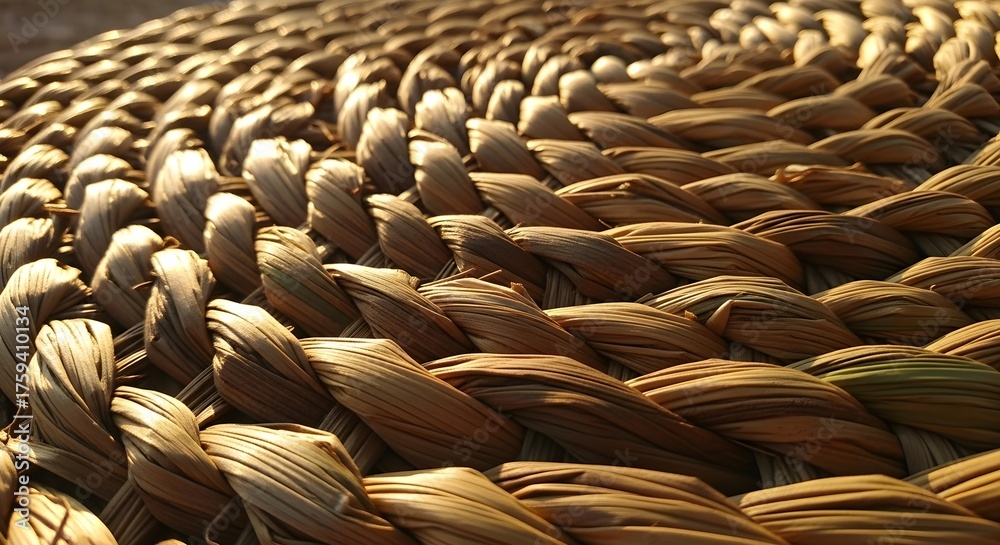 Obraz premium Close-up of intricately woven natural straw texture with warm golden hour sunlight creating rich
