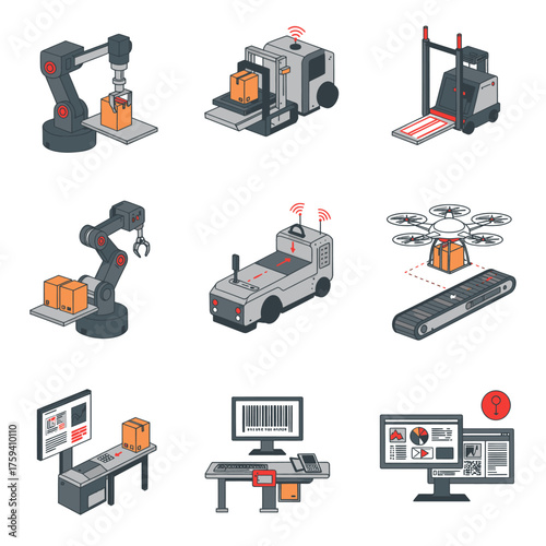 A vibrant collection of vector illustrations showcasing advanced industrial automation, autonomous logistics, robotic systems, and data analytics for modern smart factories.