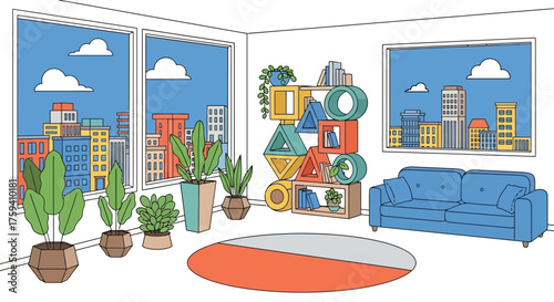 Vibrant and modern living room with large windows overlooking a city skyline.