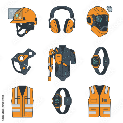 A comprehensive vector illustration displaying modern personal protective equipment, advanced wearable technology, and futuristic industrial safety gear for various work environments.