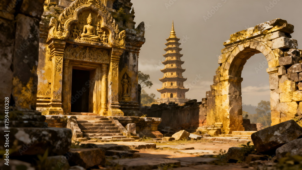 Naklejka premium Ancient religious structures with elaborate carvings, a Buddha statue, a pagoda, and stone arches, set in a weathered historical site under a muted sky.