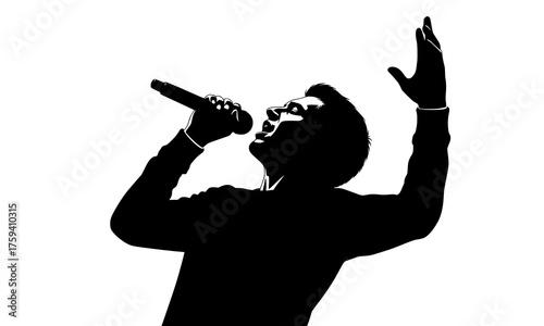 A black silhouette of a singer holding a microphone. Perfect for music, concert, performance, band, and entertainment-themed designs, posters, digital artwork, and print projects.