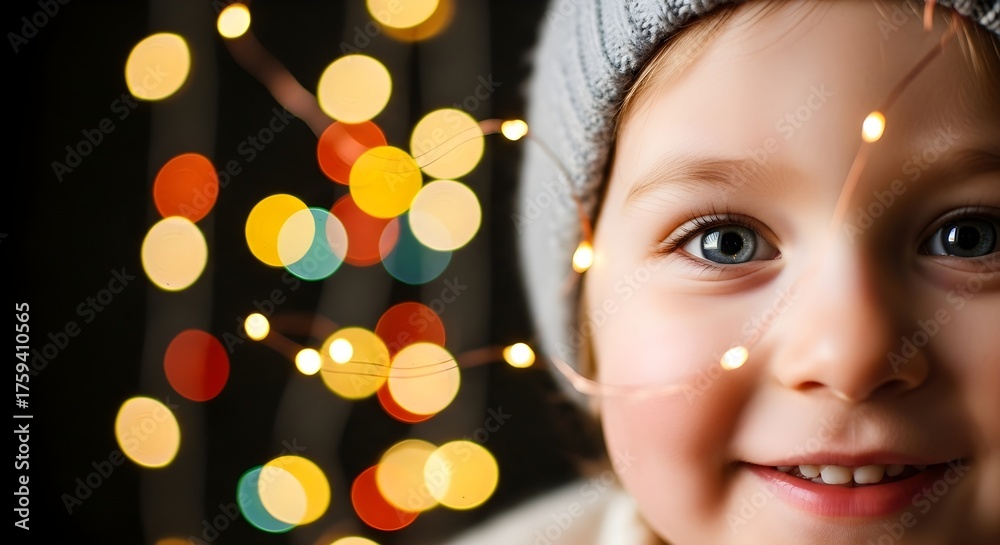 Fototapeta premium Close-up portrait of a cheerful child with bright blue eyes and festive Christmas lights