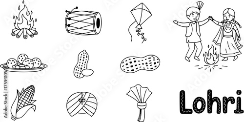 Lohri festival celebration icons set, featuring bonfire, dhol, kite, dancing couple, peanuts, sweets, corn, and traditional attire, isolated on white.
