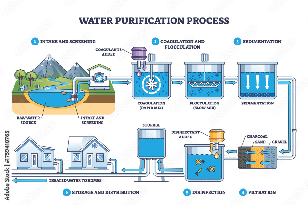 Fototapeta premium Water purification process illustrated, raw intake to filtration, disinfection, and storage, with tanks, pipes, and filters guiding flow to homes. Outline diagram