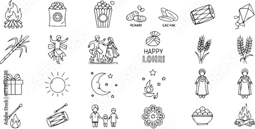 Lohri Festival Outline Icons Set with Traditional Elements: Bonfire, Popcorn, Rewari, Gachak, Dance, Wheat, Kite, Drum, Sun, Moon, Sugarcane, Gift, Diya, and Happy Lohri text.