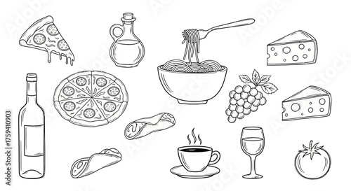 A delightful black and white sketch showcasing a variety of Italian food classics