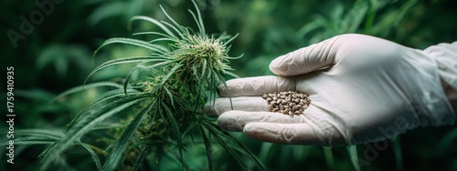Hand in a protective glove holding hemp seeds near a flowering cannabis plant