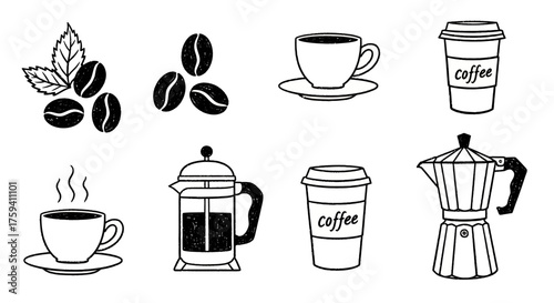 Black and white line drawing of coffee elements, equipment and cups variations